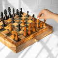 Handcrafted Square Olive Wood Chess Set with One Large Drawer