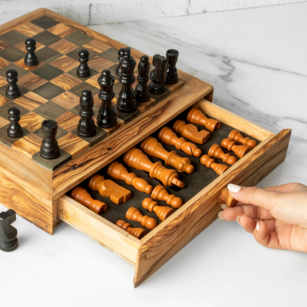 Handcrafted Square Olive Wood Chess Set with One Large Drawer